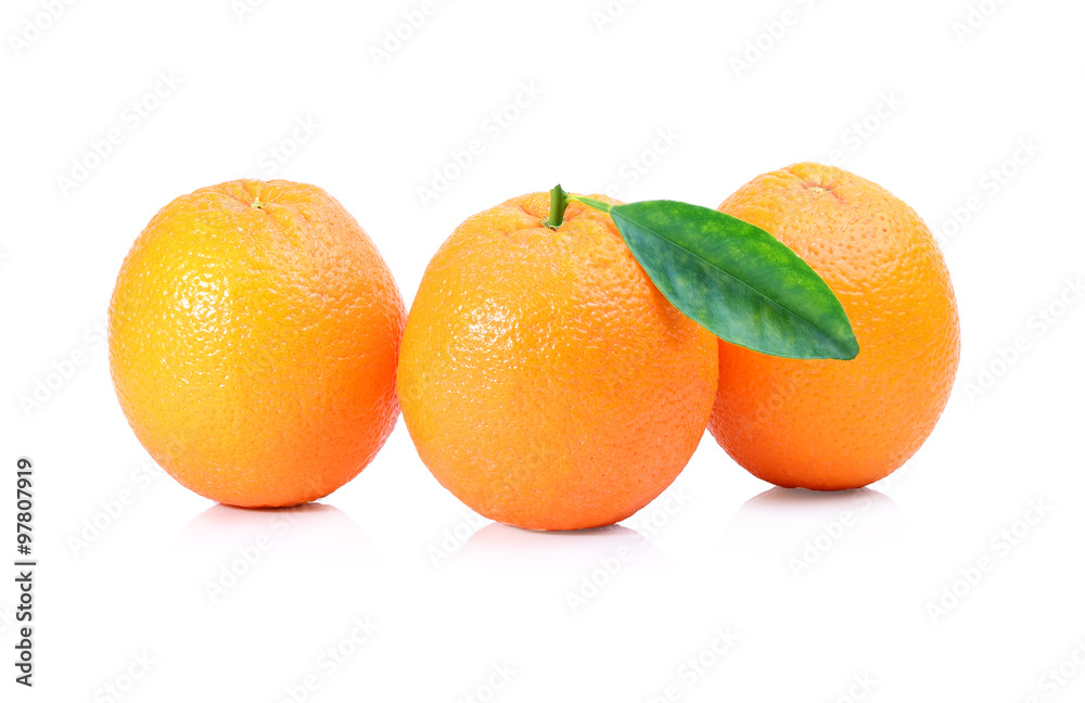 Fresh oranges fruit with leaf on white