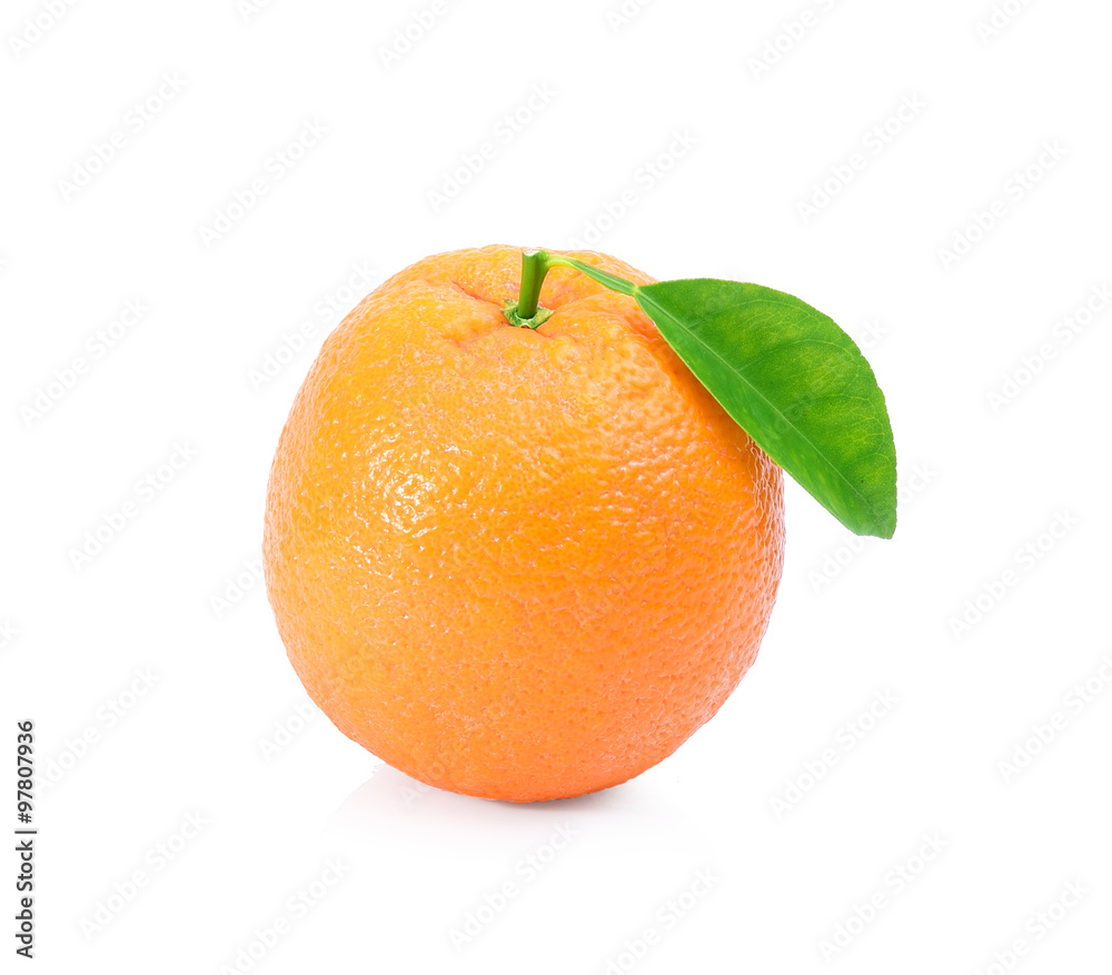 Fresh orange fruit with leaf on white