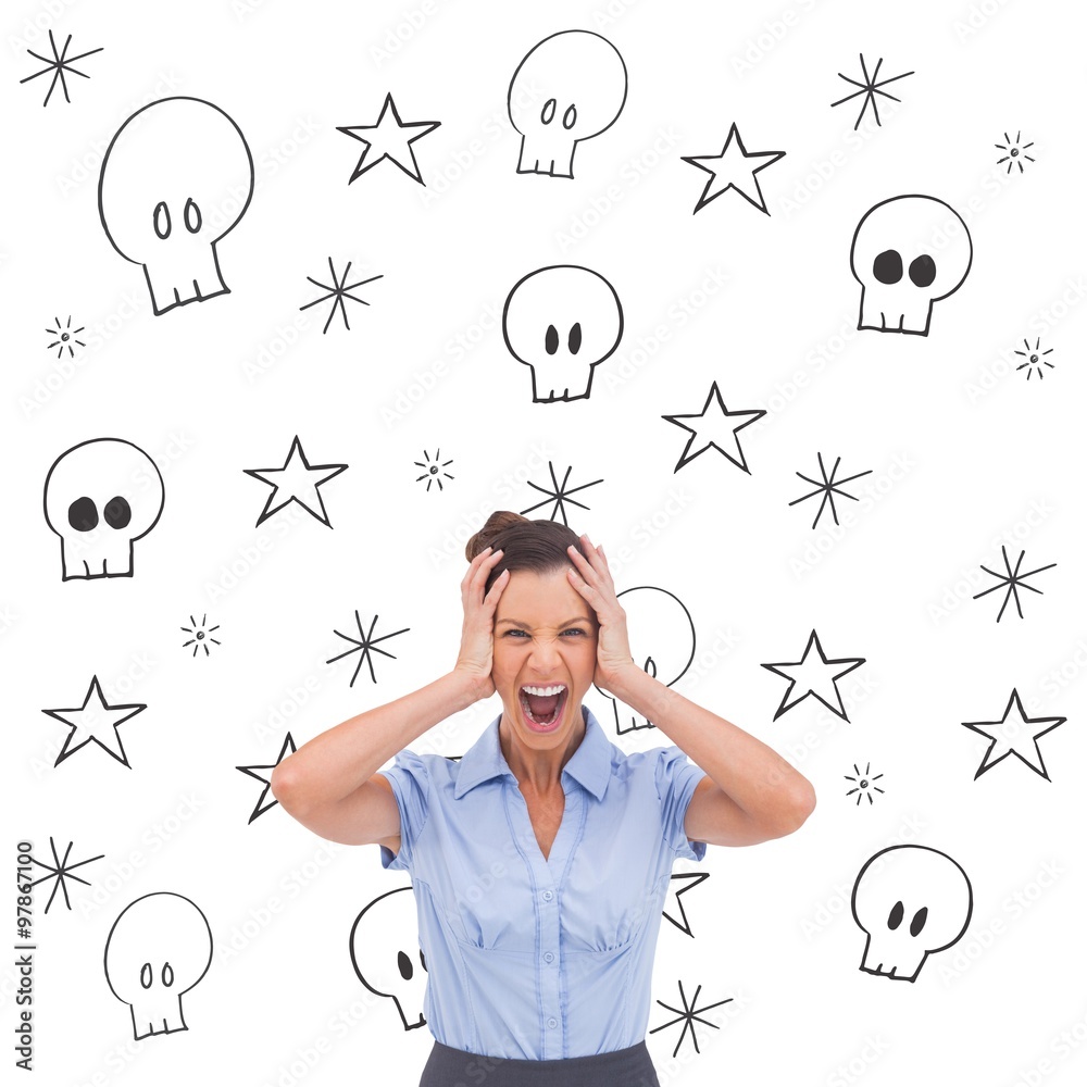 Composite image of stressed businessswoman with hand on her head