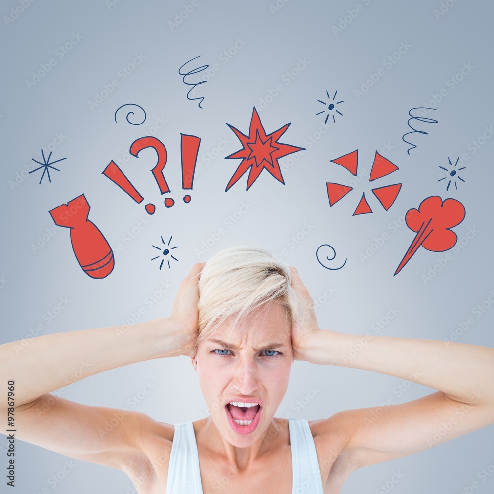 Composite image of angry woman screaming and holding her head 