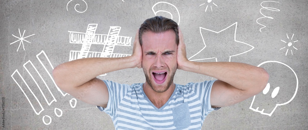 Composite image of handsome man screaming while covering ears