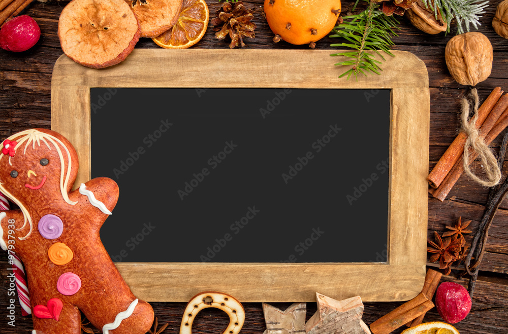 Christmas frame with cookies and decorations