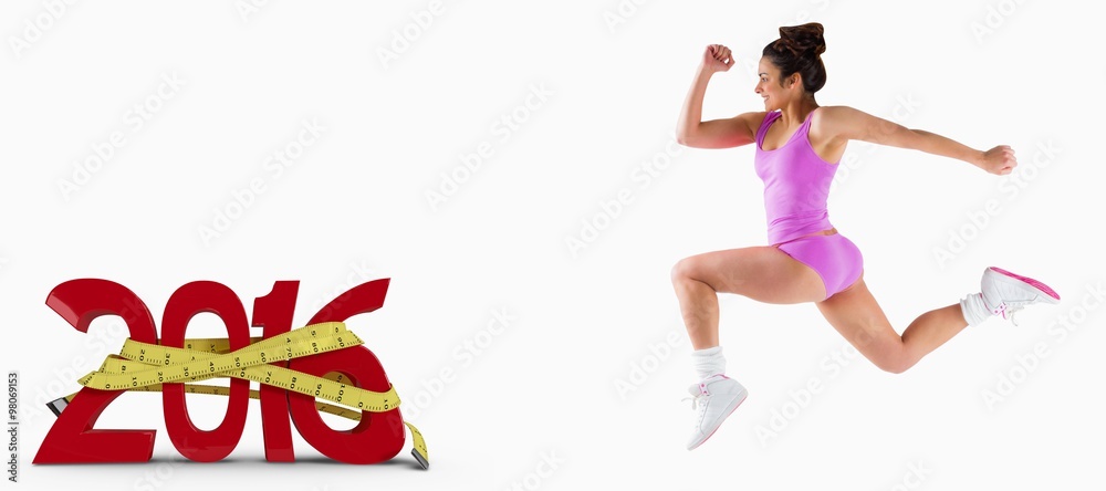 Composite image of fit brunette running and jumping