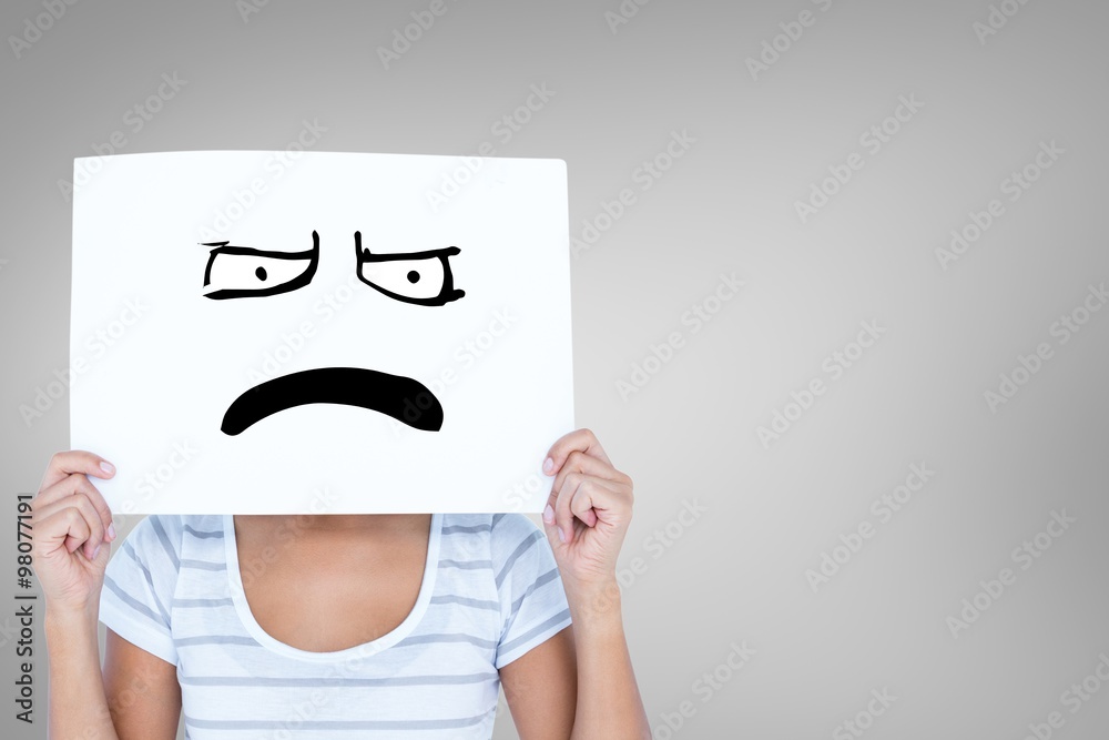 Composite image of woman holding blank sign in front of face