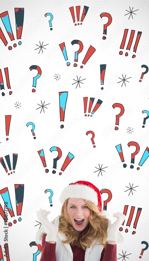 Composite image of blonde woman in santa hat screaming at camera