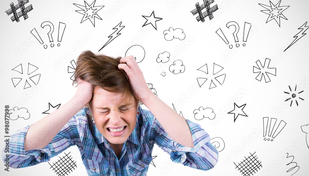 Composite image of pretty brunette shouting with hands on head