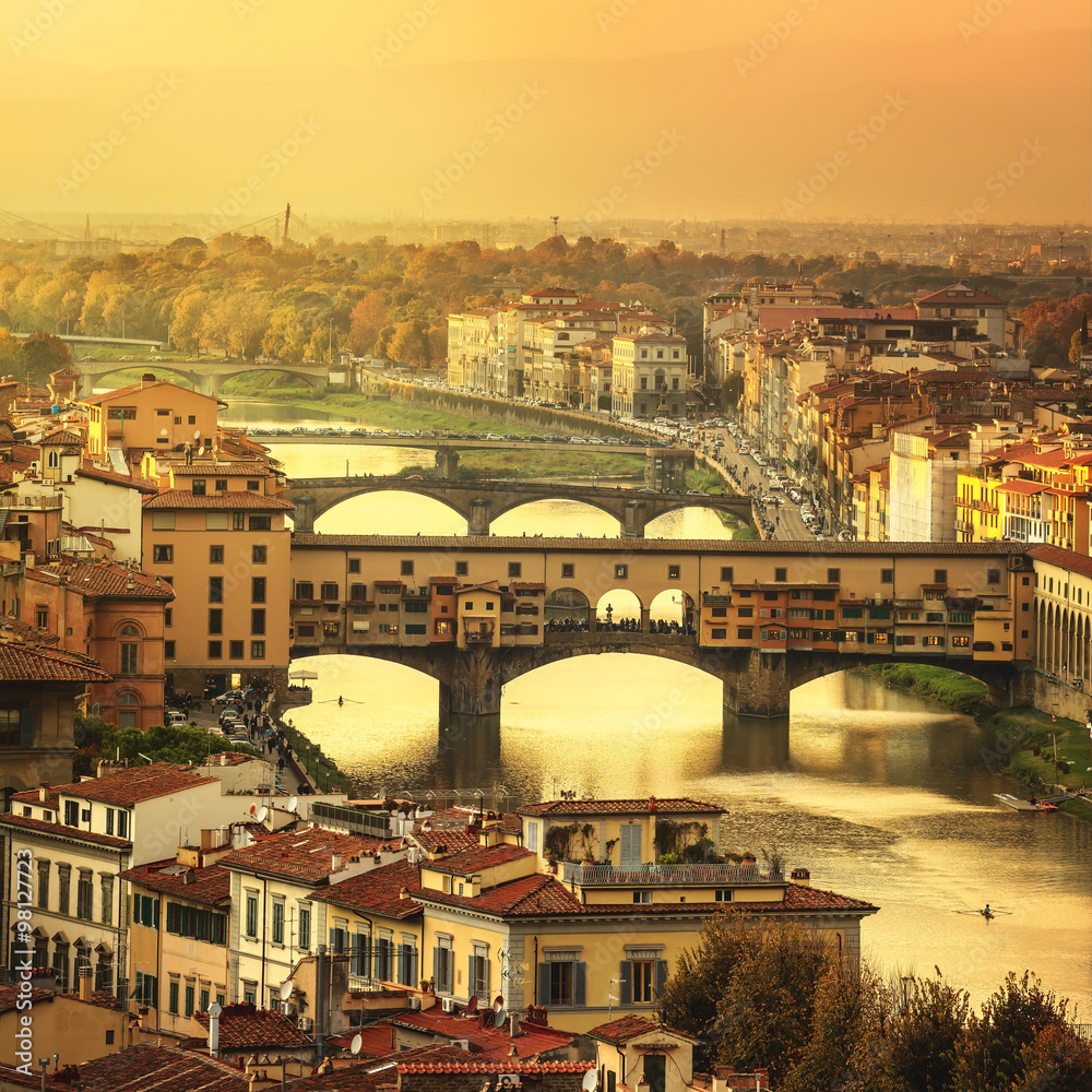 Florence or Firenze sunset Ponte Vecchio bridge panoramic view.T