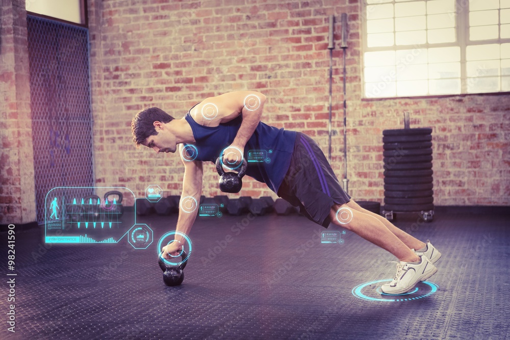 Composite image of man lifting kettlebell