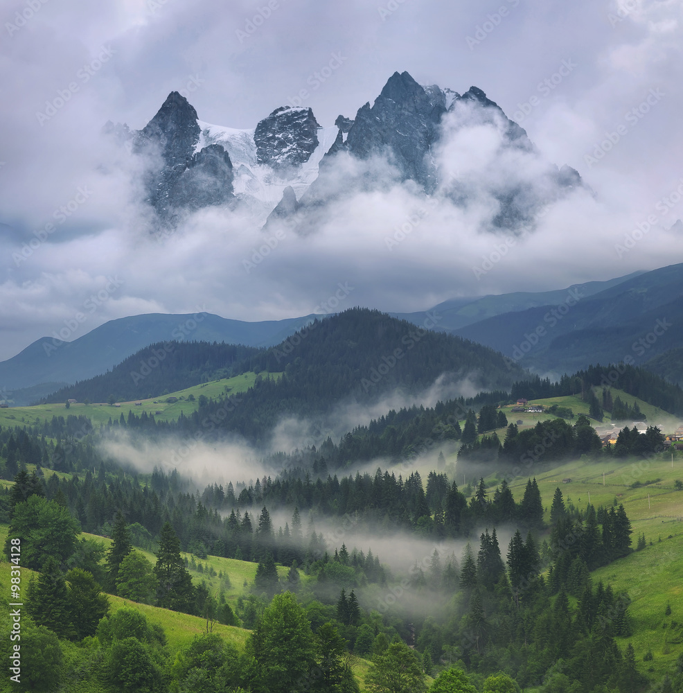 Mountains during rain. Beautiful natural landscape in the summer time