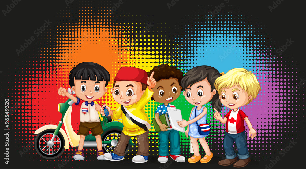 Group of children with rainbow background