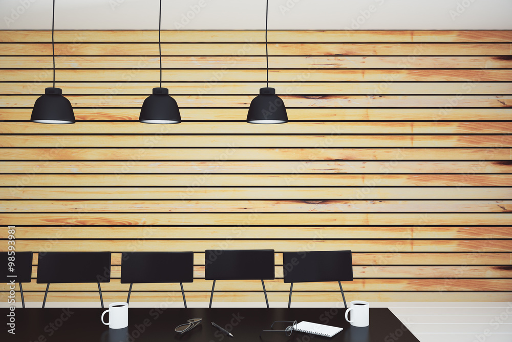 Modern conference room with lamps, furniture and wooden wall