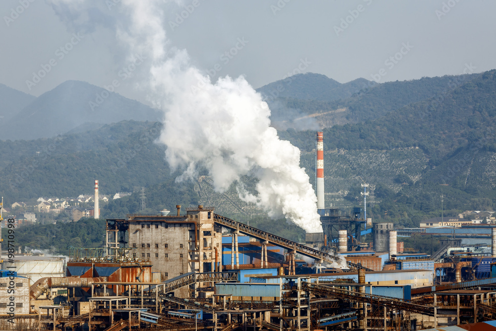 Steel mills Smoke and powder dust pollution in large industrial District