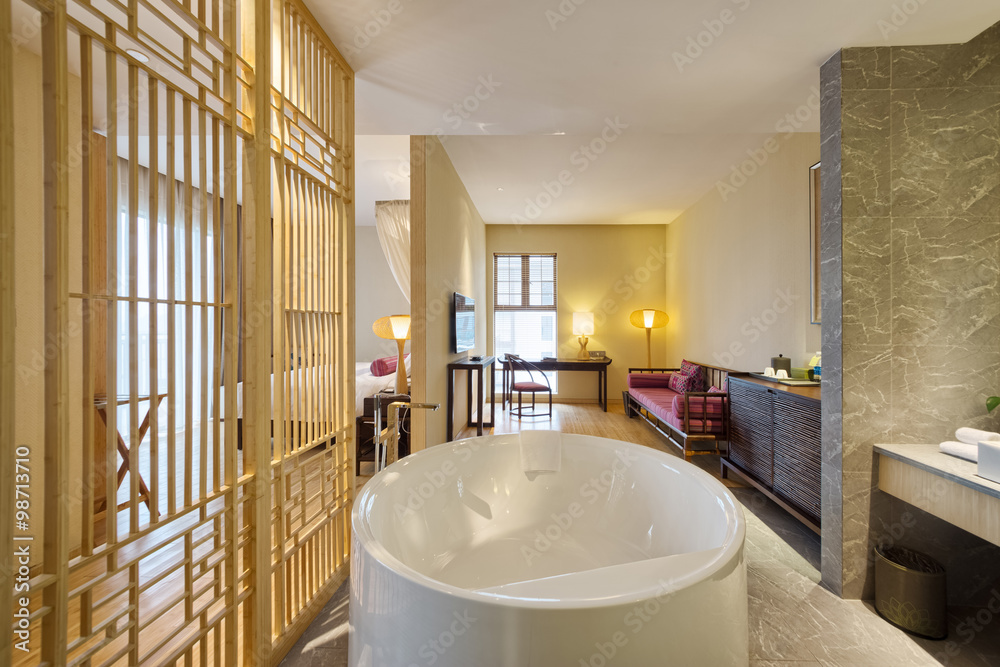 interior of modern bathroom with big bathtub