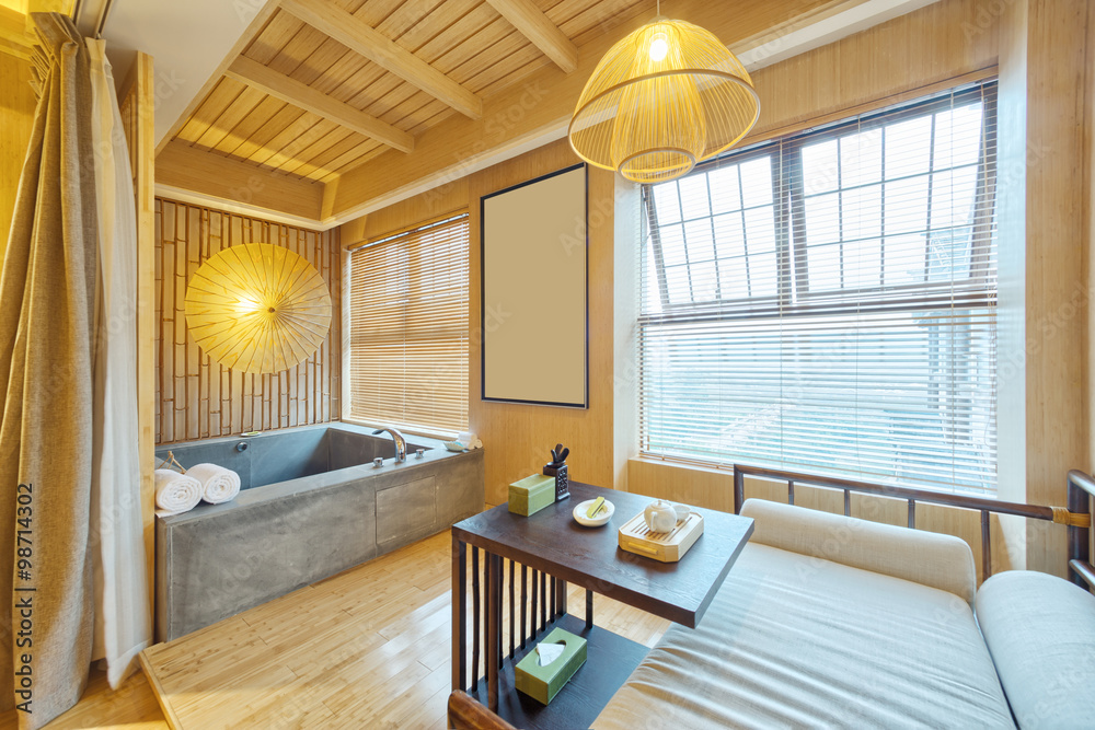 interior of modern bedroom with bathtub