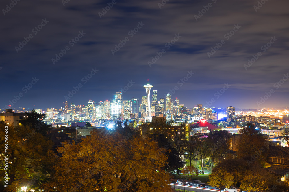 skyline and cityscape from forest at twilight