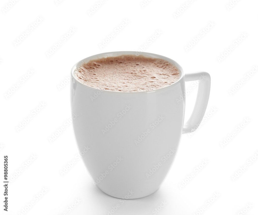 White cup of creamy cacao, isolated on white