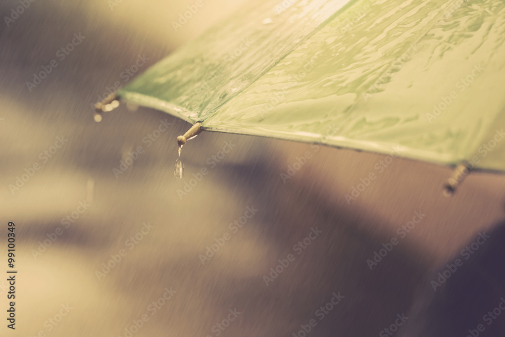 雨伞复古的颜色在雨中孤独。