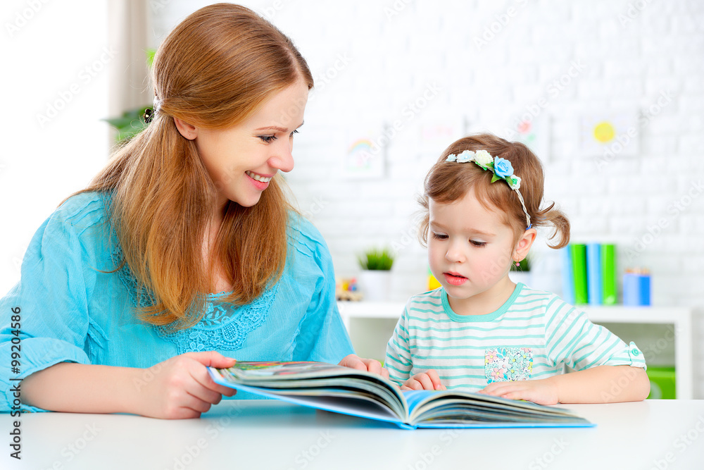 mother and child reading  book at home