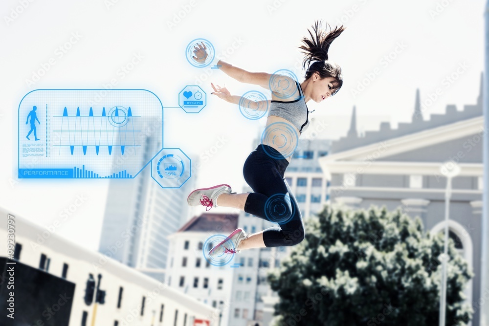 Composite image of woman doing parkour in the city