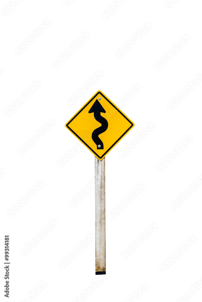 Curvy Road Sign on white background with clipping path.