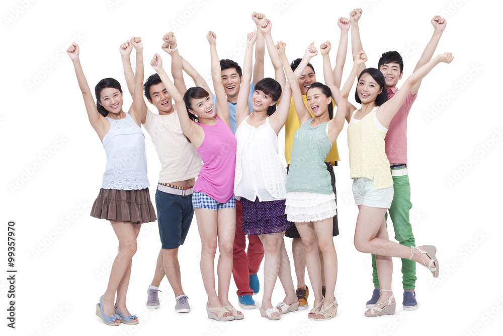 Group of young people raising arms