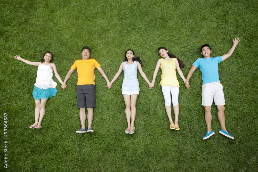 young people lying on meadow