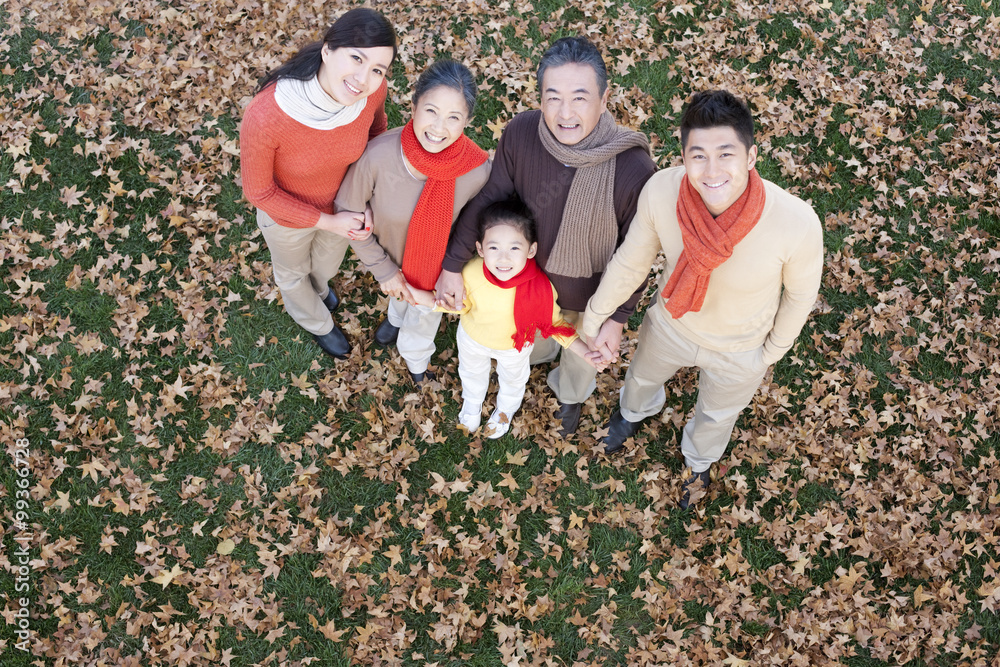 Family holding hands in a park in Autumn