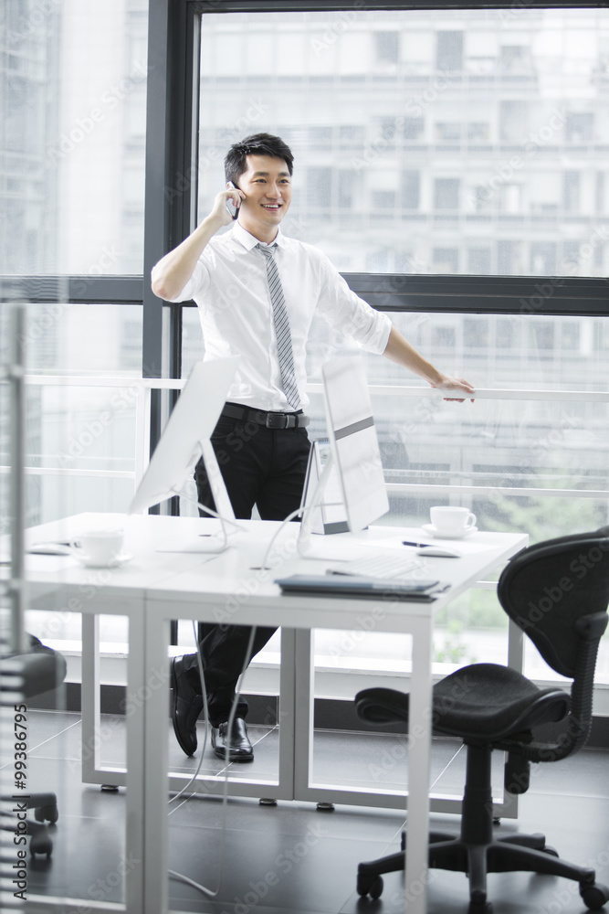 Young businessman on the phone in the office