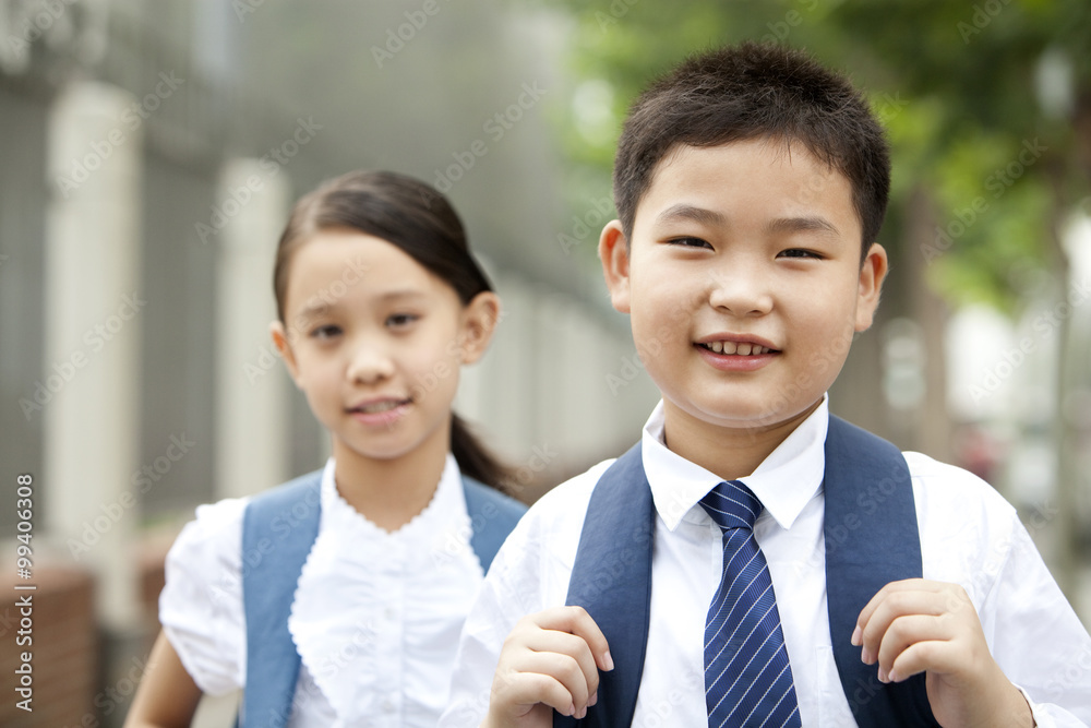 Cute schoolchildren in uniform on the way to school