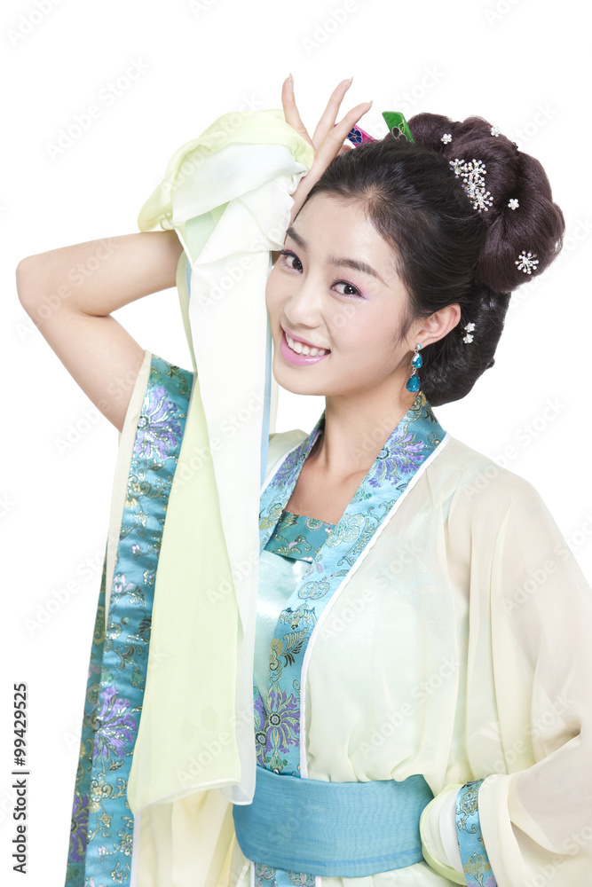 Young woman in Chinese traditional costume gesturing