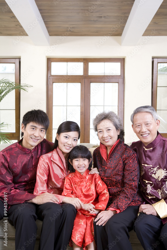 Three generation family in traditional Chinese clothes