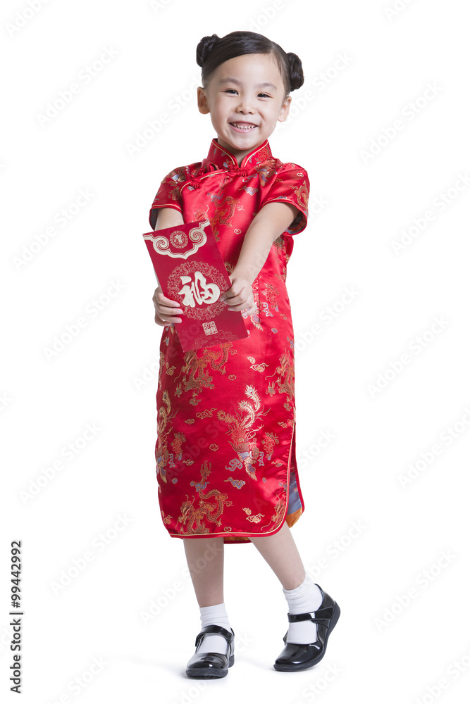 Cute girl with red packet celebrating Chinese New Year