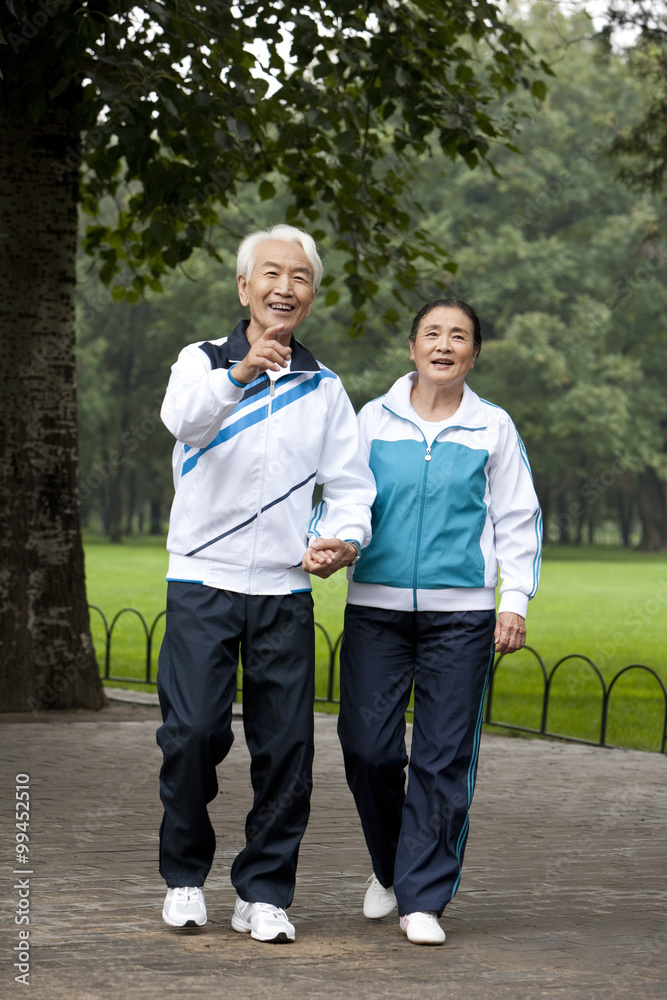 老年夫妇手牵着手穿过公园，男子指指点点