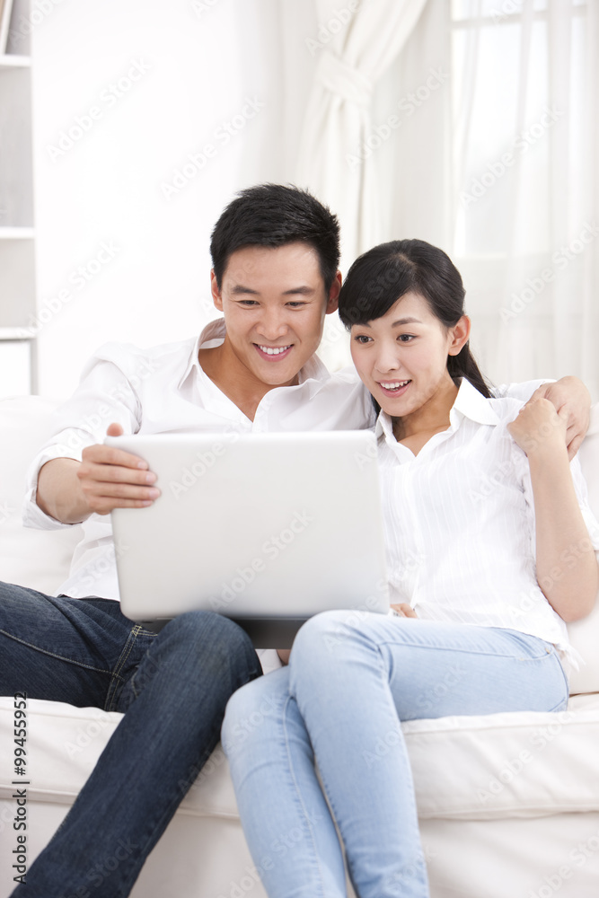 Young couple using laptop in sofa