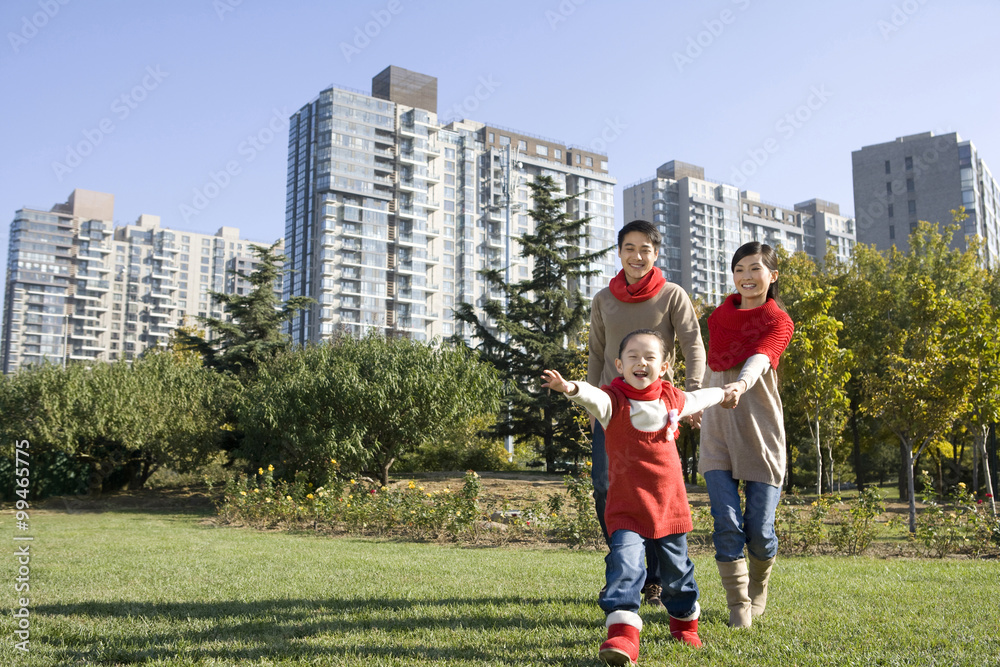 年轻的一家人在秋天享受公园