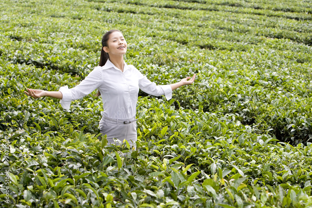 享受茶园的年轻女商人