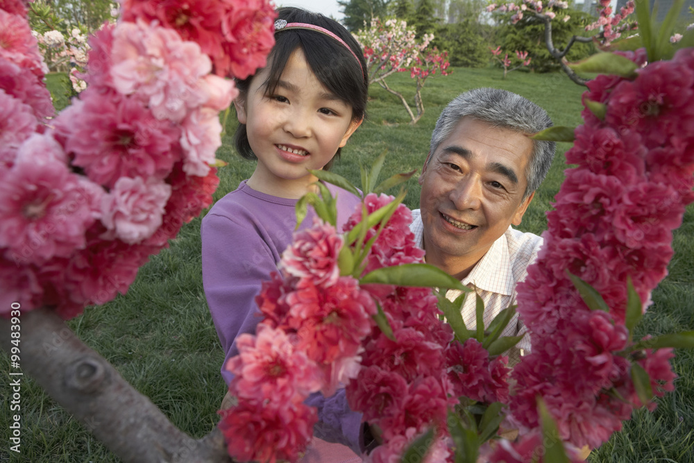 Grandfather And Granddaughter Smelling Flowers In The Park