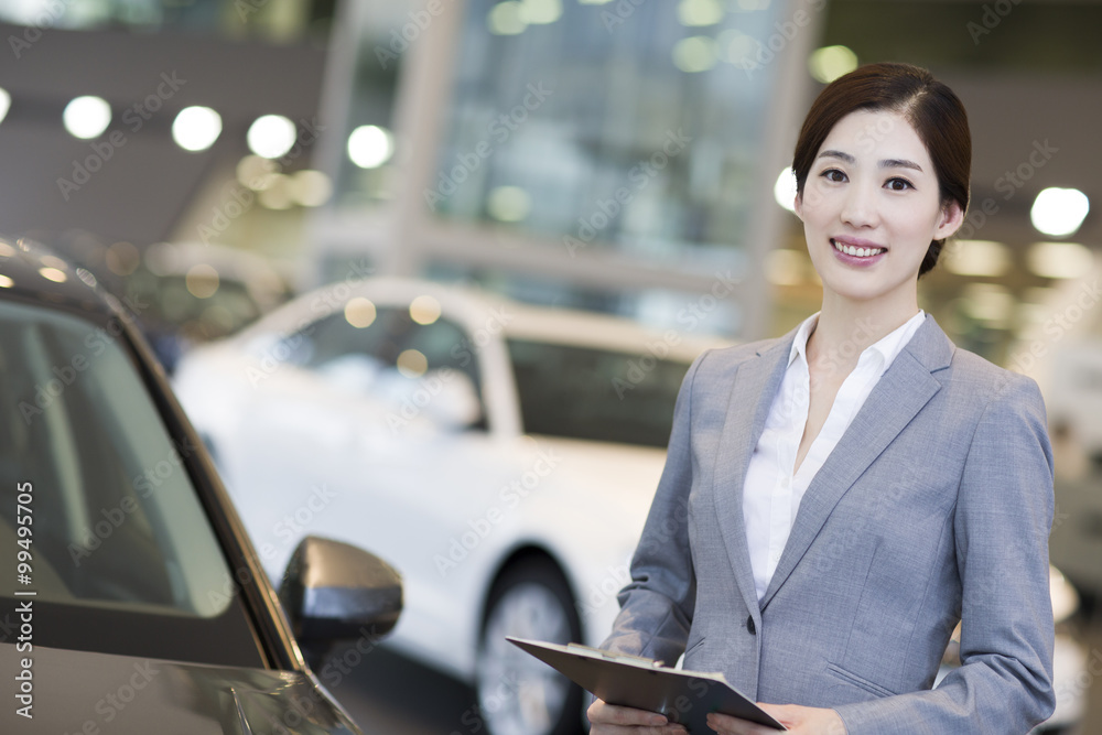 Confident saleswoman standing with new cars in showroom