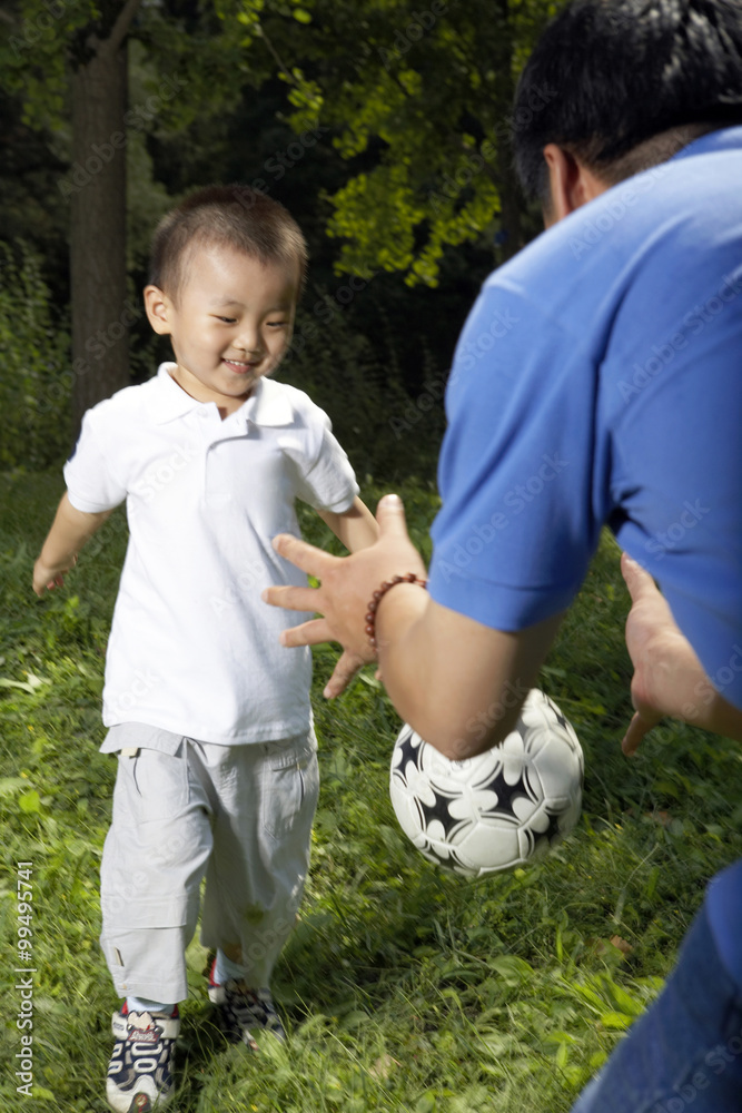 在公园里踢足球的幼童