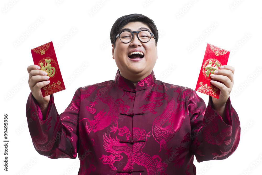 Chubby young man with red packets celebrating Chinese New Year