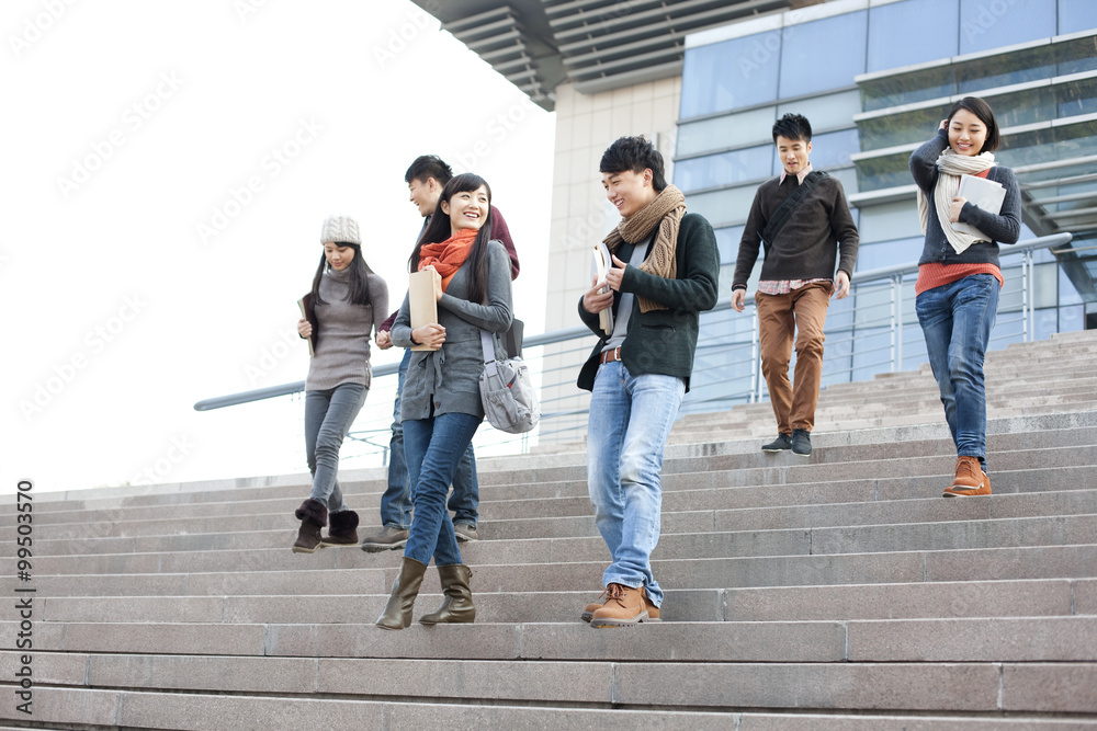 Young college students walking down steps of university building