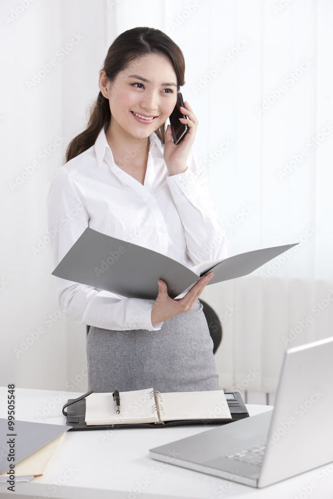 Young businesswoman talking on the phone in office