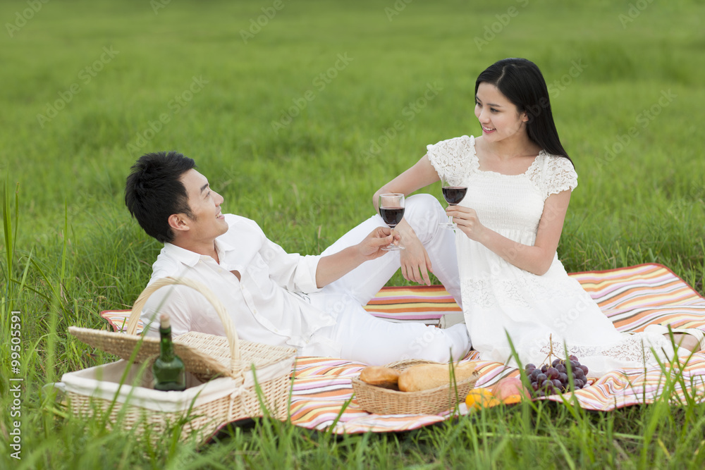 Cheerful young couple having a picnic on the grass