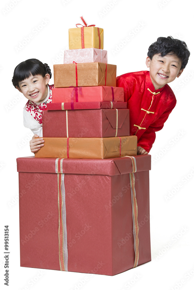 Happy children with many Chinese new year gifts