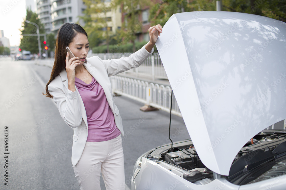 Car owner talking on the phone next to broken down car