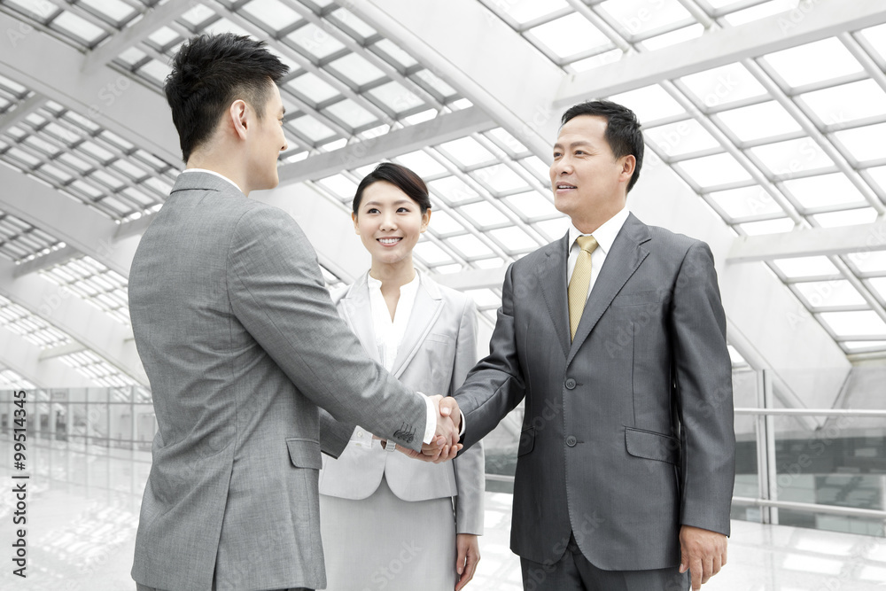 Business people shaking hands in airport lobby