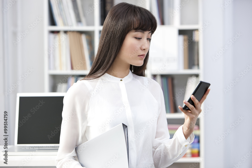 Young businesswoman with smart phone in the office