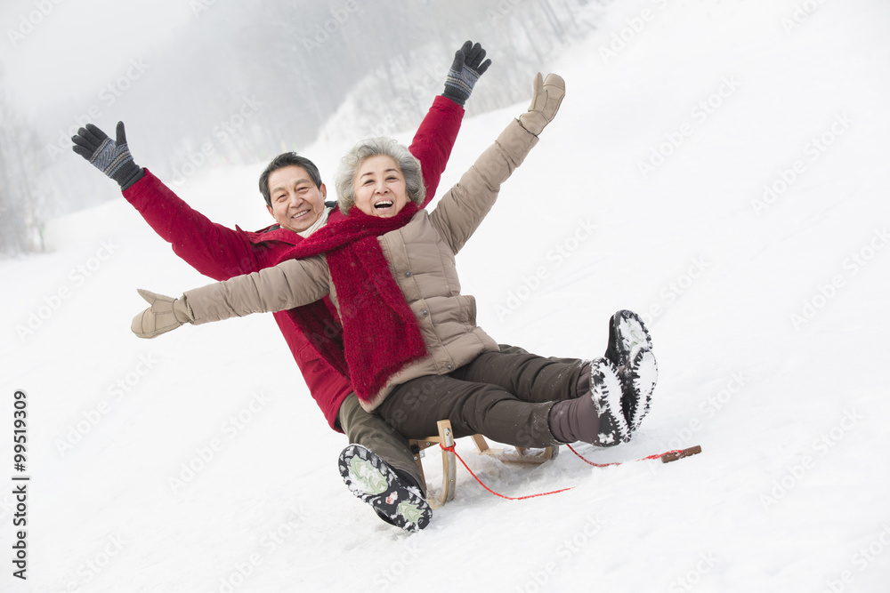 Happy senior couple sliding on a sled