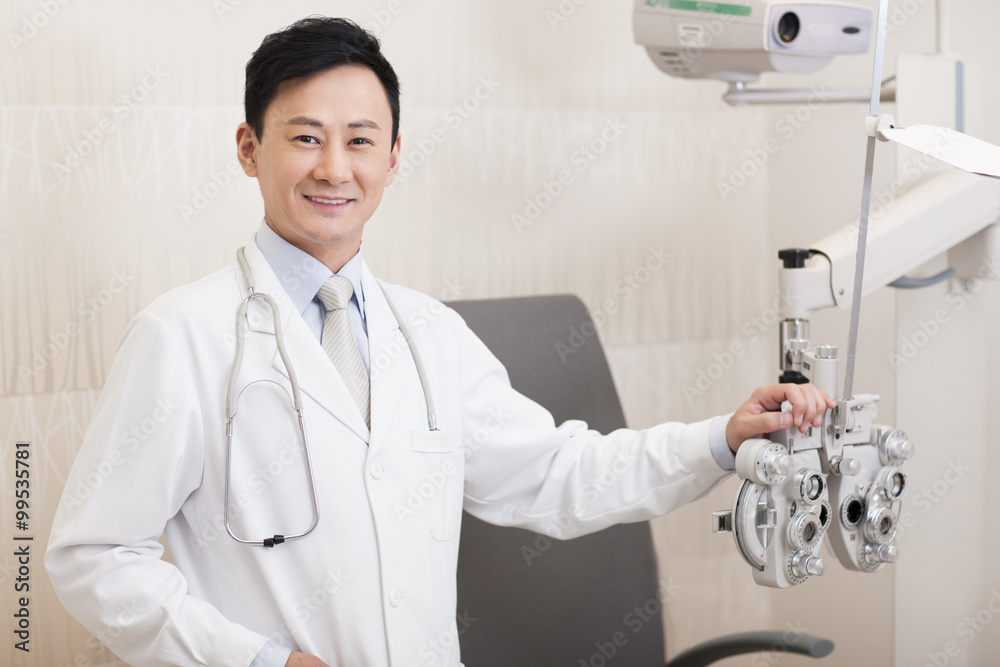 Doctor and medical equipment for eyes checking