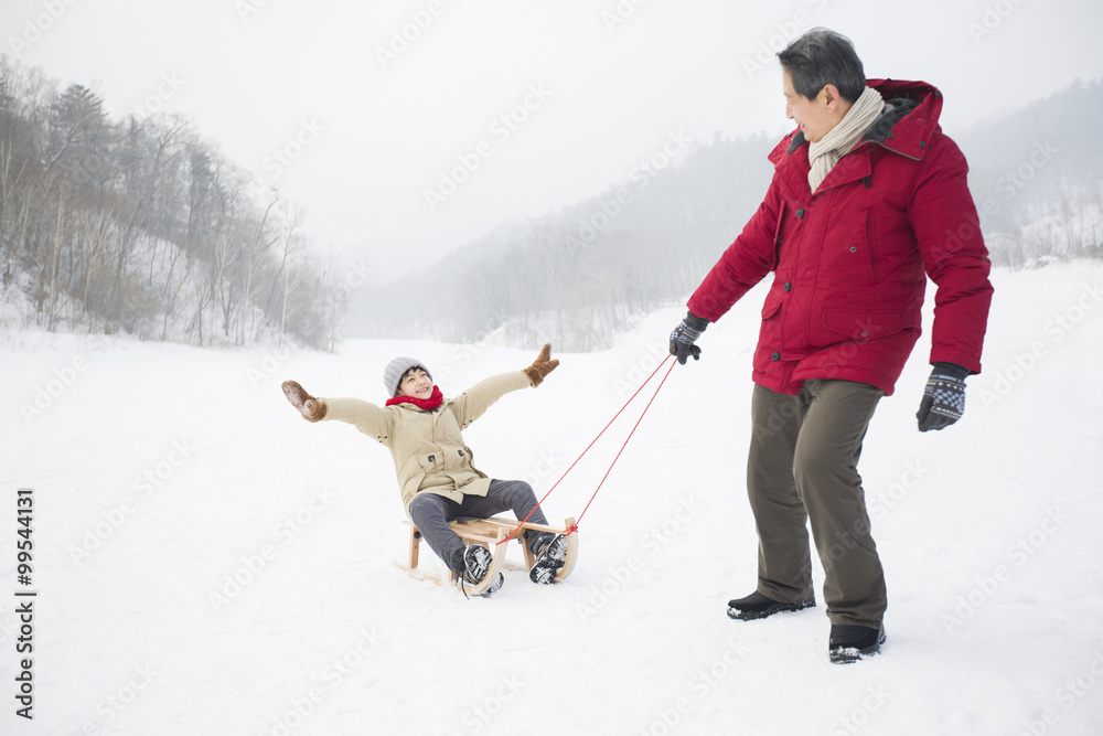 爷爷拉着孙子上雪橇